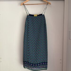 Anthropologie Maeve Blue Geometric Patterned Sleeveless Silk Slip Shift Dress L